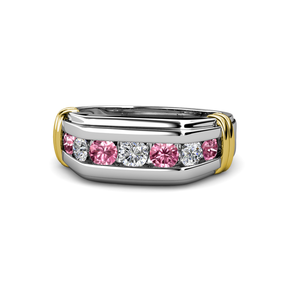 Brad Round Pink Tourmaline and Diamond 7 Stone Men Wedding Ring (8.5 mm) 